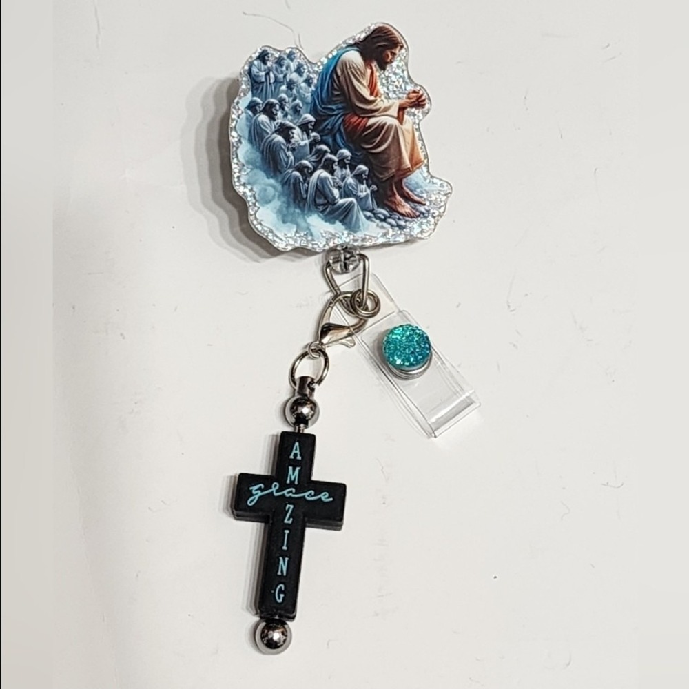 Jesus Badge Reel Amazing Grace Alligator Clip Religious ID Holder Retractable
